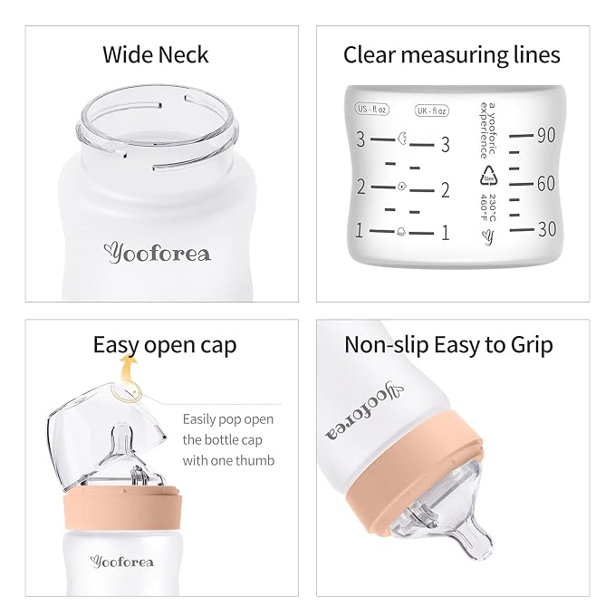 Yooforea Silicone Coated Glass Baby Bottle, 0M+ Slow Flow Nipple I Anti-Colic - Image 6