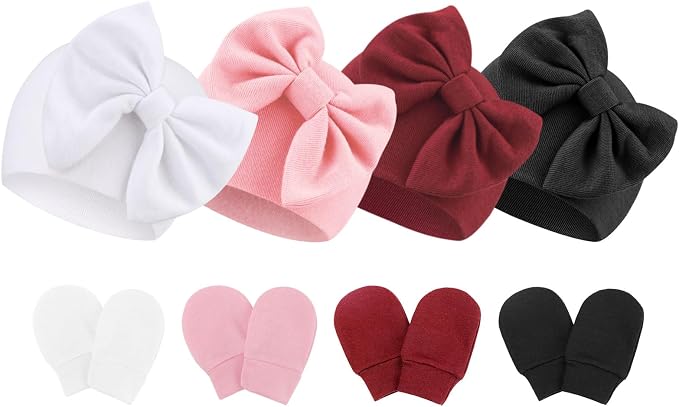 BQUBO Newborn Baby Hats Mittens Set Hospital Hat Beanie Infant Bow Hats Baby by DRESHOW
