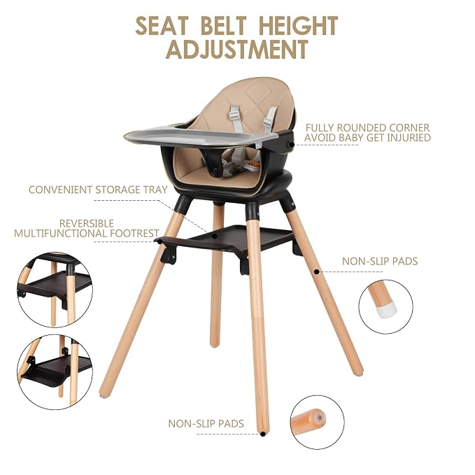 6 in 1 Baby High Chair, Convertible Wooden High Chairs/Booster Seat - Image 5