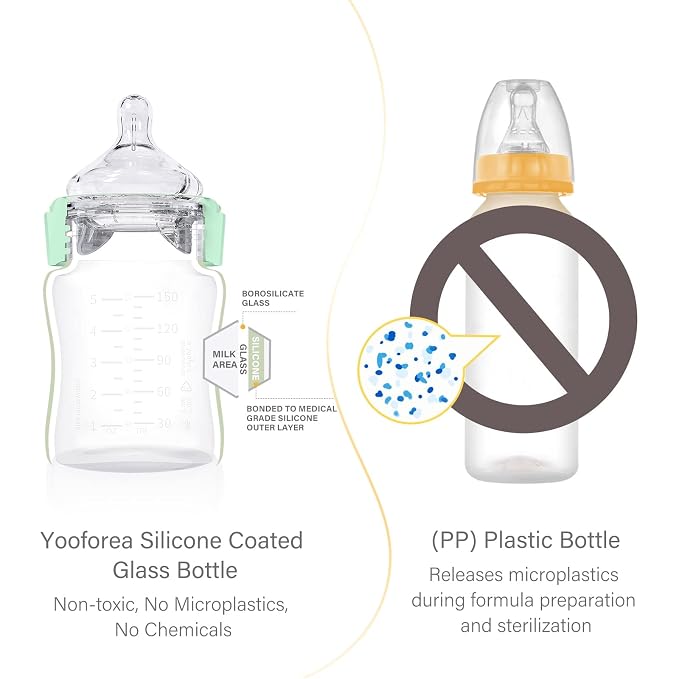 Yooforea Silicone Coated Glass Baby Bottle, 0M+ Slow Flow Nipple I Anti-Colic - Image 3