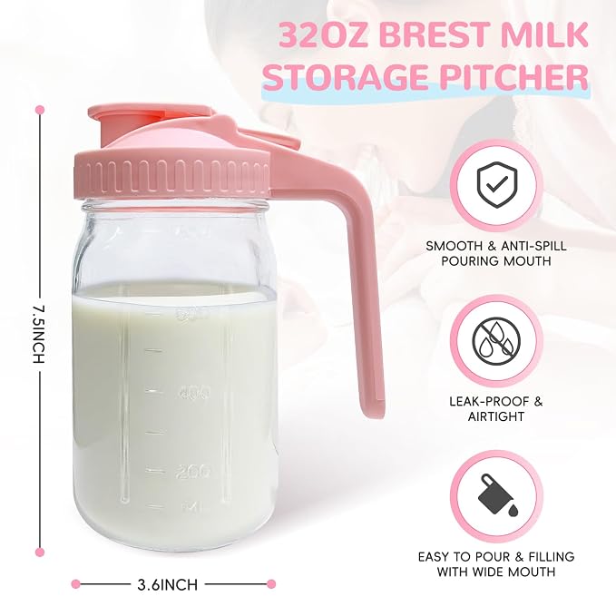 2 PACK Breast Milk Pitcher 32OZ Glass Breastmilk Pitcher - Image 3