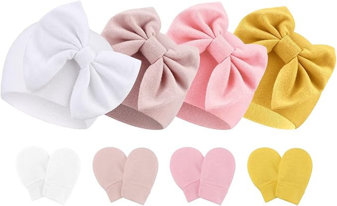 BQUBO Newborn Baby Hats Mittens Set Hospital Hat Beanie Infant Bow Hats Baby by DRESHOW