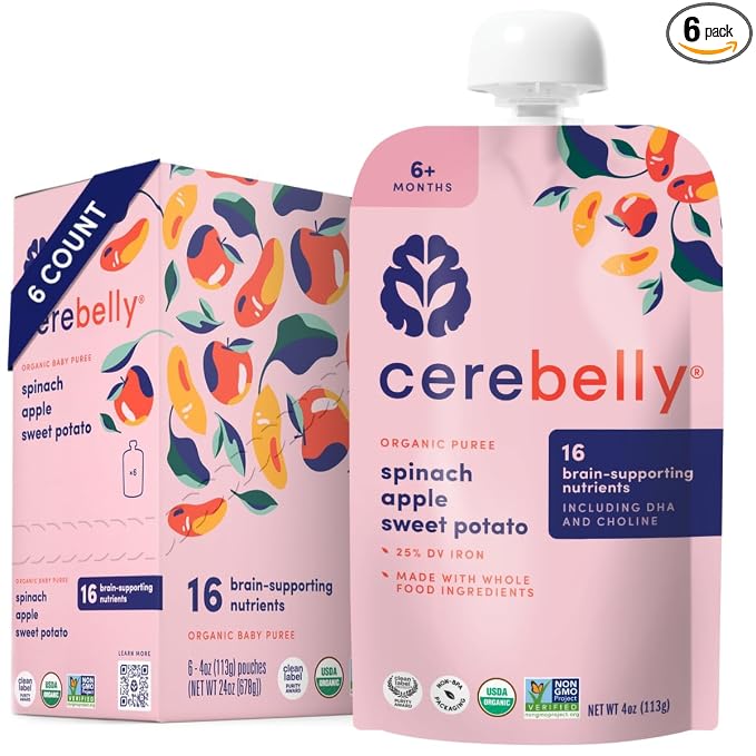 Cerebelly Organic Baby Food Pouches, Spinach Apple Sweet Potato Purees by Cerebelly