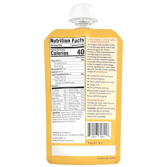 Cerebelly Organic Baby Food Pouches, Carrot Pumpkin Purees, 16 Nutrients - Image 3