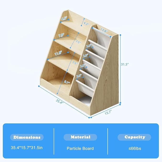 4 Tier Kids Wooden Bookshelf, Five Layer Sling Children Bookcase, Baby Storage - Image 3