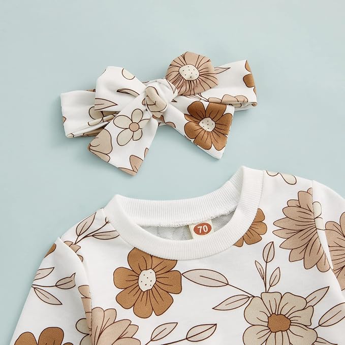 3Pcs Baby Girl Outfits Daisy Sweatshirt + Pants + Headband Infant Fall Winter - Image 2