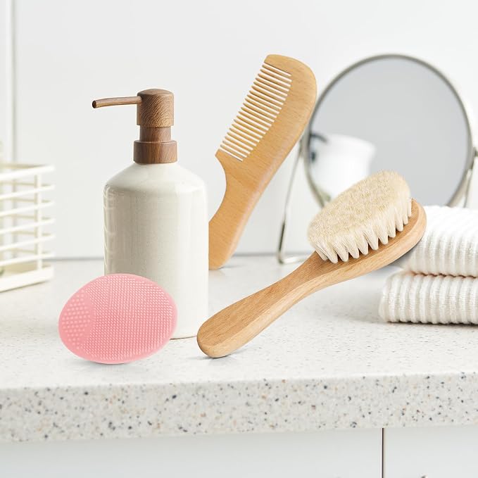3PCS Baby Hair Brush with Wooden Handle and Comb Set - Image 3