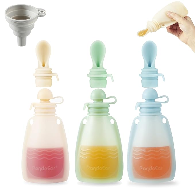PandaEar 3 Pack Silicone Baby Food Pouches, Reusable Squeeze Pouches by PandaEar