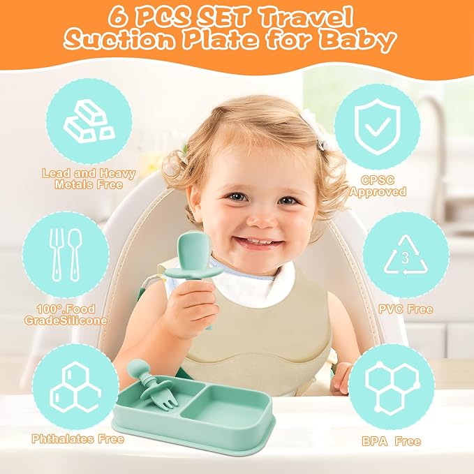 Travel Silicone Baby Feeding Set, 6 In 1 Portable Plates Spill Proof - Image 7