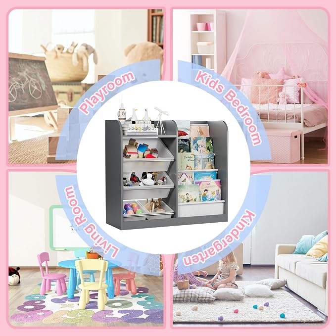 Grey Kids Wood Bookshelf Toy Storage Box Organizer Shelf W/4 Removable Plastic - Image 6