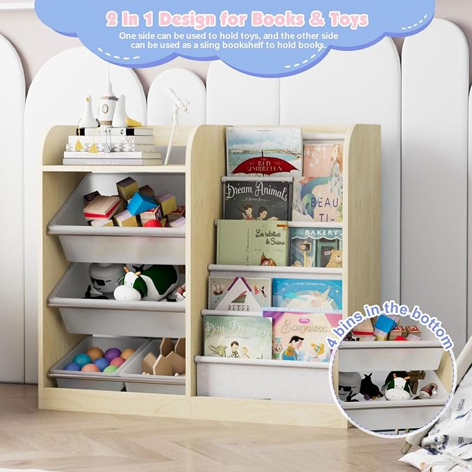 Natural Kids Wood Bookshelf Toy Storage Box Organizer Shelf W/4 Removable - Image 7