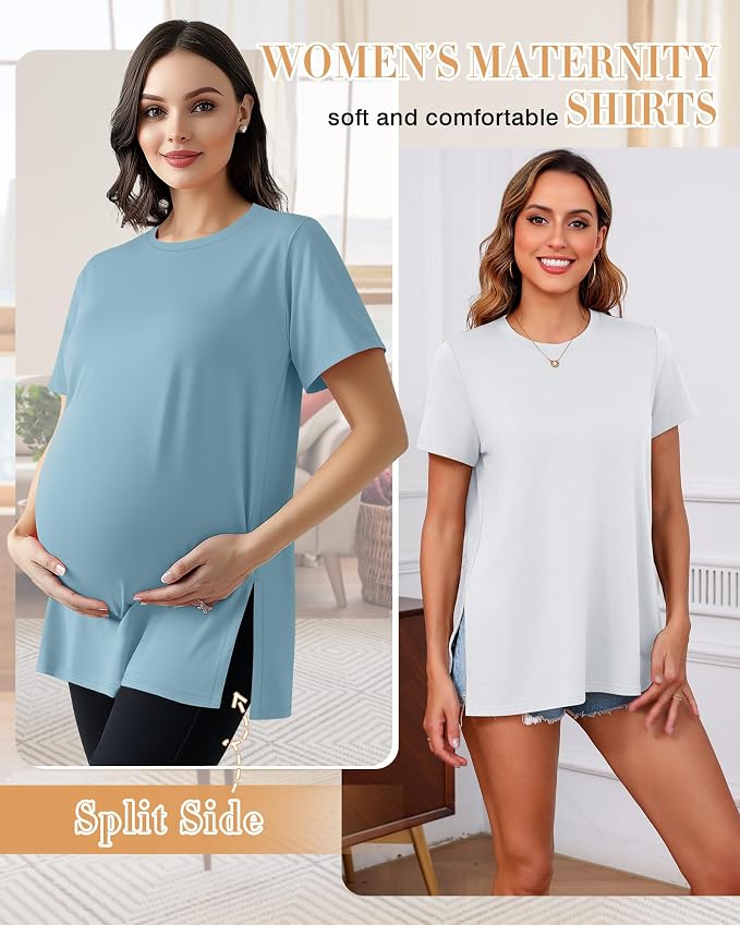 Ficerd 3 Pack Women's Maternity T Shirts, Short Sleeve Side Split Pregnancy - Image 2