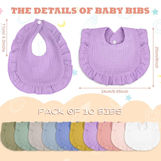 Seematn 10 Pcs Baby Muslin Bibs Drool Bibs Bandana Ruffle Soft Cotton - Image 3