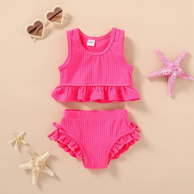 HAPPYMA Baby Swimsuit Toddler Girl Bathing Suit Summer Solid Color Bikini Set - Image 2