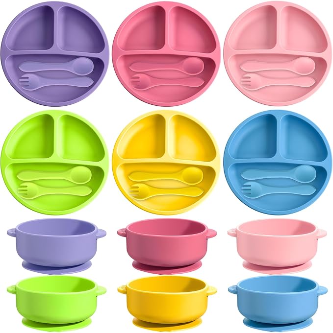 Dandat 24 Pcs Silicone Baby Feeding Set, 6 Baby Toddler Suction Bowls 6 Divided by Dandat