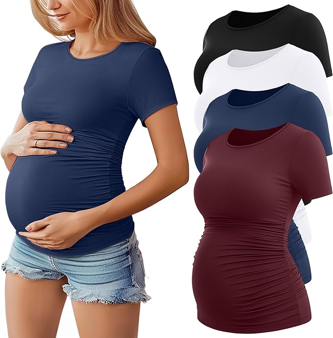 Huukeay 4 Pack Women's Maternity Shirts, Crew Neck Maternity Top Short Sleeve by Huukeay