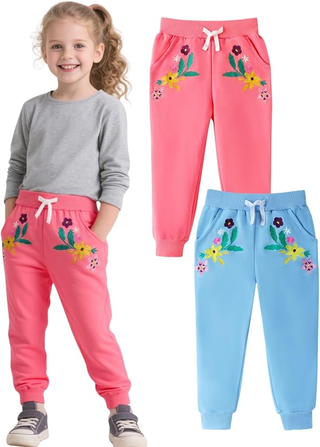 HILEELANG Girls Cotton Joggers Sweatpants Embroidery Drawstring Waist Pockets - Image 2
