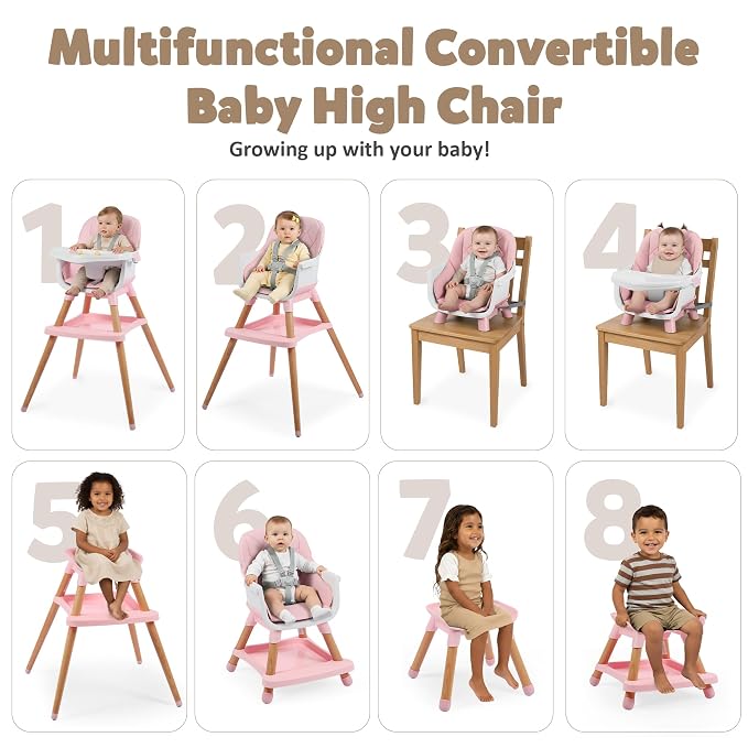 8 in 1 Wooden High Chairs for Babies Toddlers, Convertible to Booster Seat - Image 2