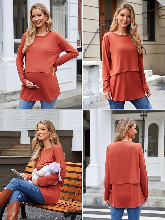Ecavus Women's 3Pack Maternity Nursing Shirts Long Sleeve Double Layer - Image 5