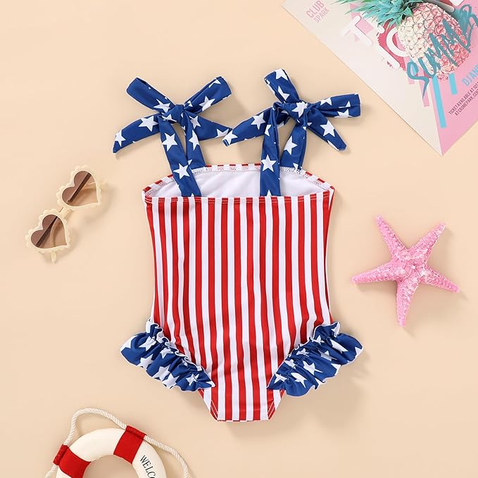 Happy Town Toddler Swimsuit Girl Solid Color Stripe One-Piece Baby Bathing Suits - Image 2