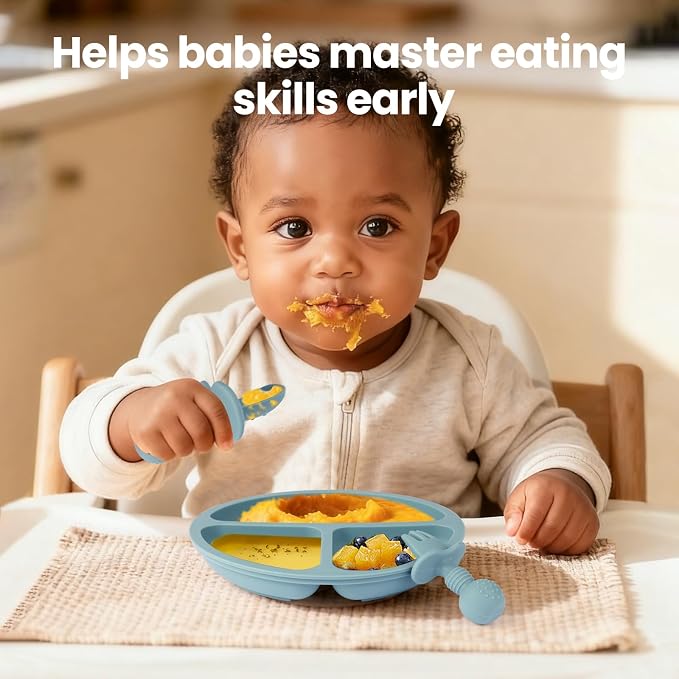 2 Pack Baby Plates with Suction, 2 Pack Silicone Forks and Spoons Set, Baby Led - Image 5