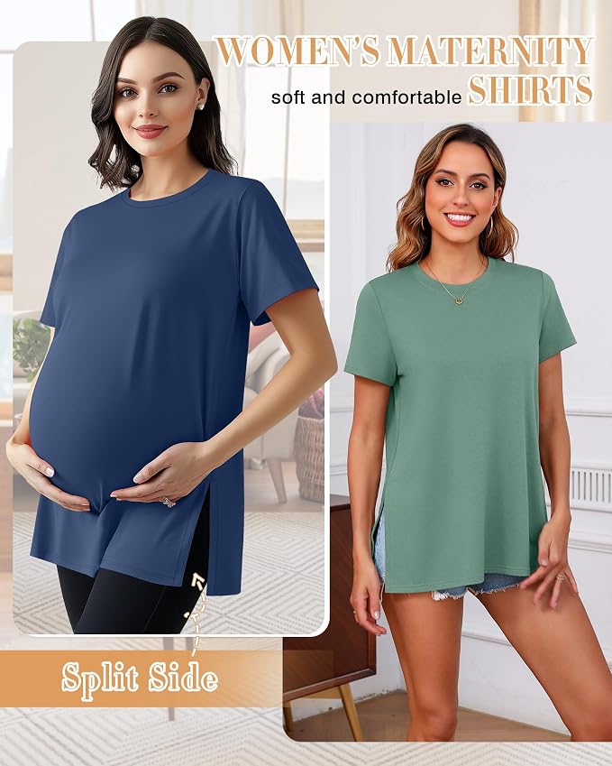 Ficerd 3 Pack Women's Maternity T Shirts, Short Sleeve Side Split Pregnancy - Image 2