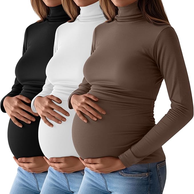 Ficerd 3 Pack Women's Maternity Shirts, Turtleneck Long Sleeve Pregnancy Tops by Ficerd