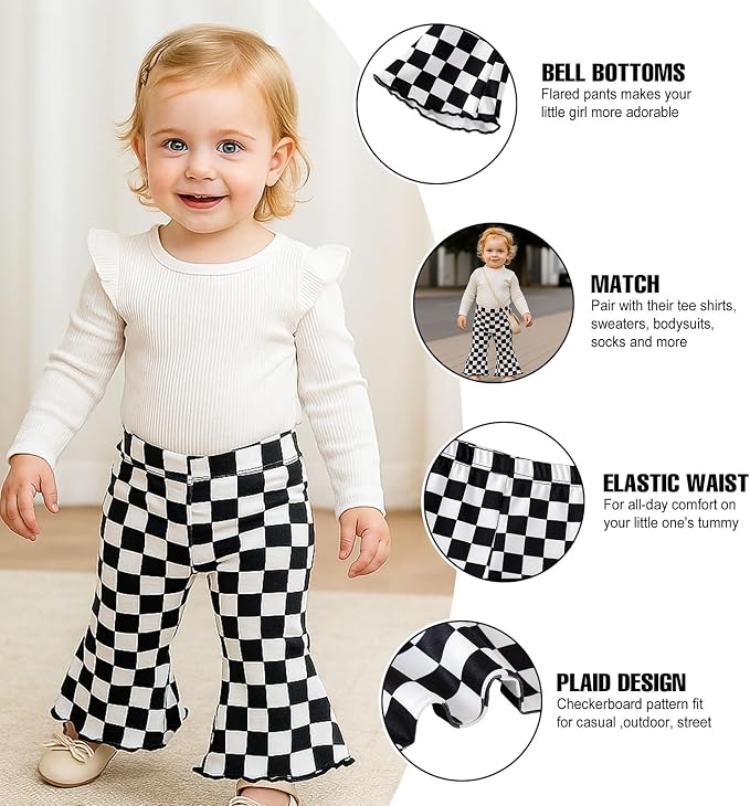 SOBOWO Checkered Baby Girl Flare Pants 3 Pack Toddler Bell Bottoms Plaid Ruffle - Image 2