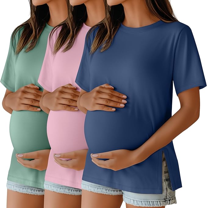 Ficerd 3 Pack Women's Maternity T Shirts, Short Sleeve Side Split Pregnancy by Ficerd