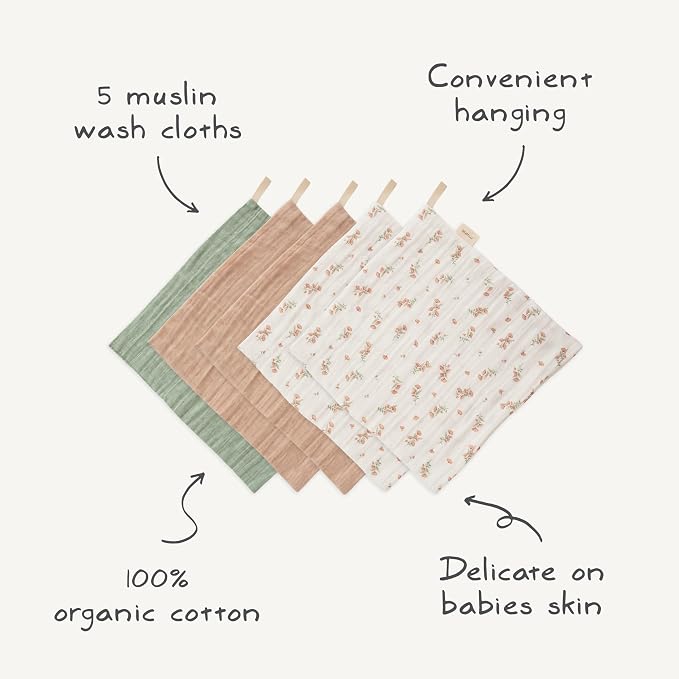 mushie Muslin Organic Cotton Washcloths 5-Pack | Soft Wipes - Image 2