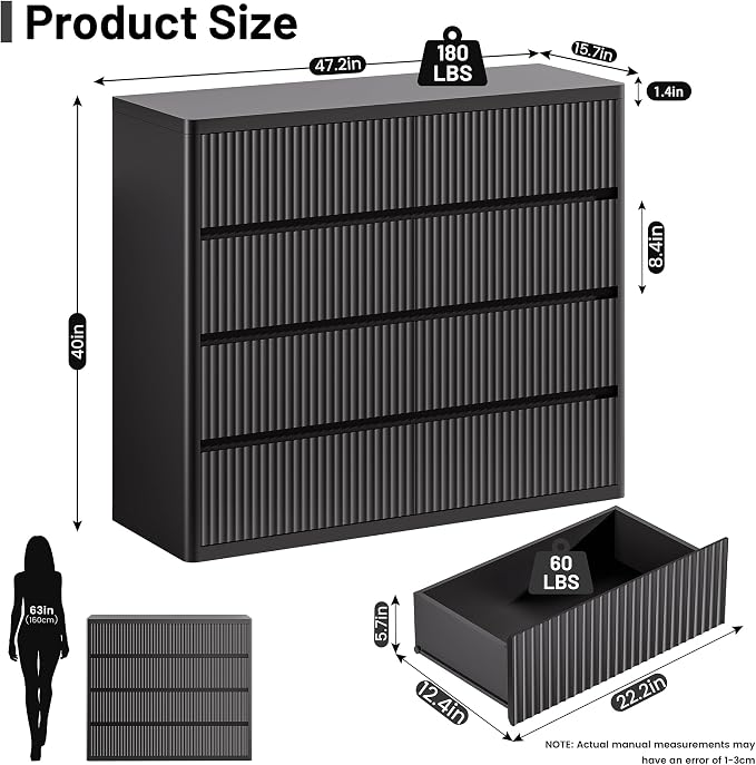 Black Dresser for Bedroom, 8 Drawers Double Fluted Dressers, Modern Chest of - Image 2