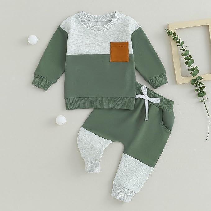 Toddler Baby Boy Fall Clothes Waffle Contrast Color Sweatshirt Pants Sets - Image 2