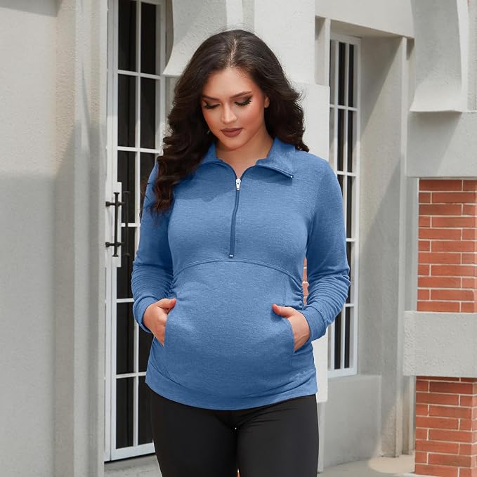 GINKANA Maternity Women's Long Sleeve Shirt Half Zipper Lapel Lightweight - Image 3