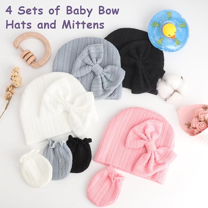 BQUBO Newborn Baby Hats Mittens Set Hospital Hat Beanie Infant Bow Hats Baby - Image 5