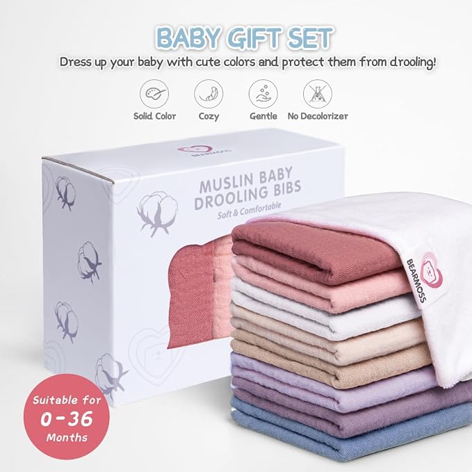 Bearmoss Muslin Baby Drooling Bibs 8 Pack, 100% Cotton Square Adjustable - Image 7