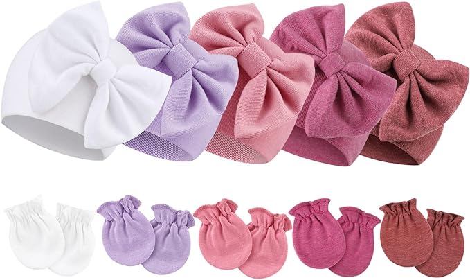 BQUBO Newborn Baby Girls Hats Mittens Set Hospital Hat Beanie Infant Bow Hats by DRESHOW