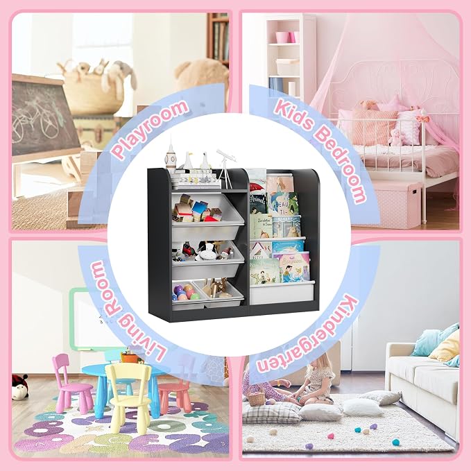 Black Kids Wood Bookshelf Toy Storage Box Organizer Shelf W/4 Removable Plastic - Image 8