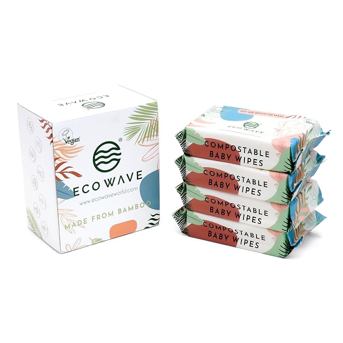 Eco Wave Baby Wipes, 100% Compostable Eco-Friendly Bamboo Wipes, Hypoallergenic by ECOWAVE