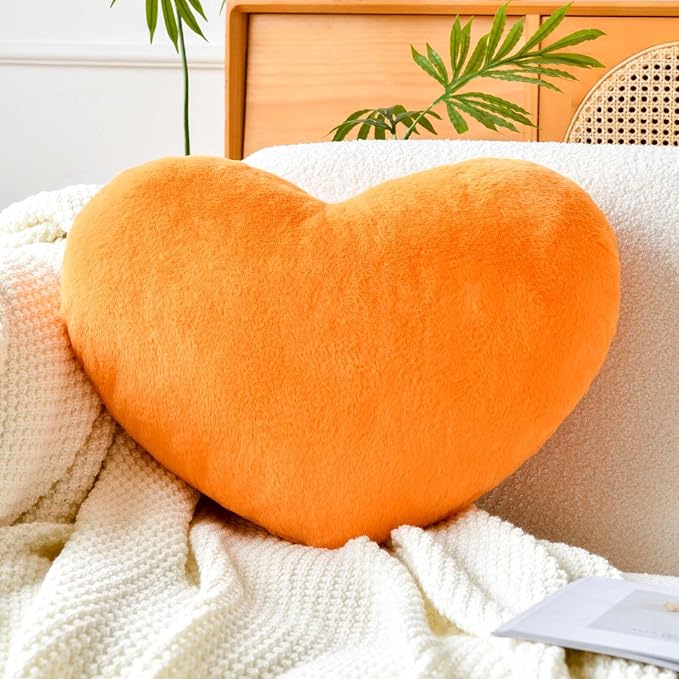 Orange Heart Pillows, Cute Heart Decorative Pillow, Heart Shaped Throw Pillows by XVTRU