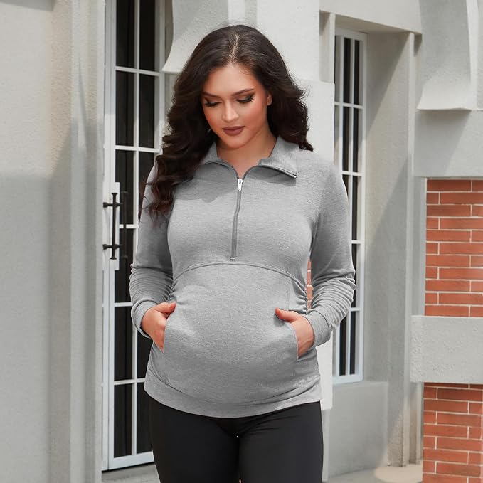 GINKANA Maternity Women's Long Sleeve Shirt Half Zipper Lapel Lightweight - Image 3
