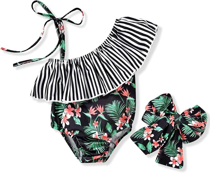 Toddler Baby Girls Ruffles Bikini One Piece Swimsuits Floral Off Shoulder by HINTINA