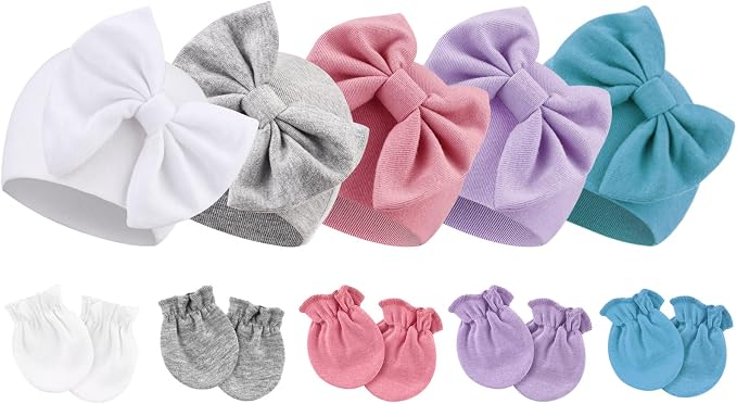 BQUBO Newborn Baby Girls Hats Mittens Set Hospital Hat Beanie Infant Bow Hats by DRESHOW
