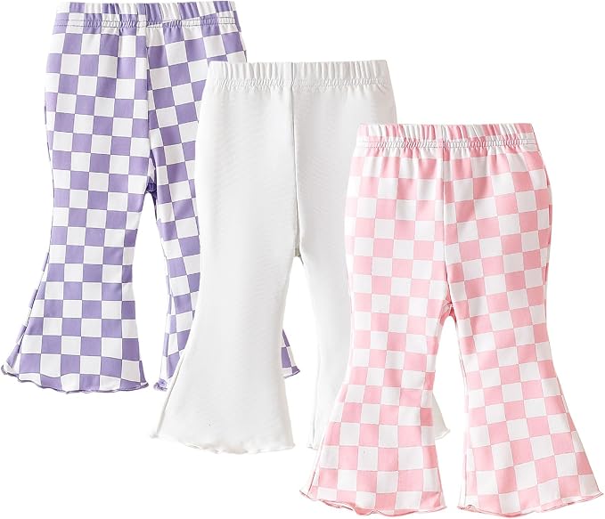 SOBOWO Checkered Baby Girl Flare Pants 3 Pack Toddler Bell Bottoms Plaid Ruffle by SOBOWO
