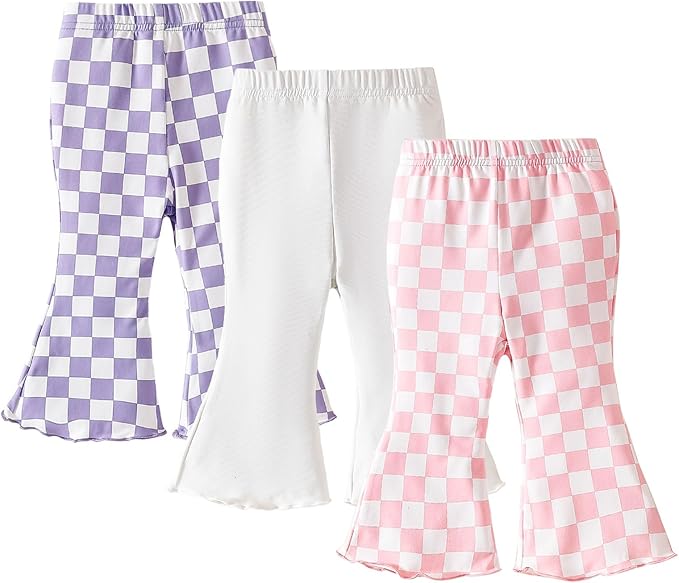 SOBOWO Checkered Baby Girl Flare Pants 3 Pack Toddler Bell Bottoms Plaid Ruffle by SOBOWO