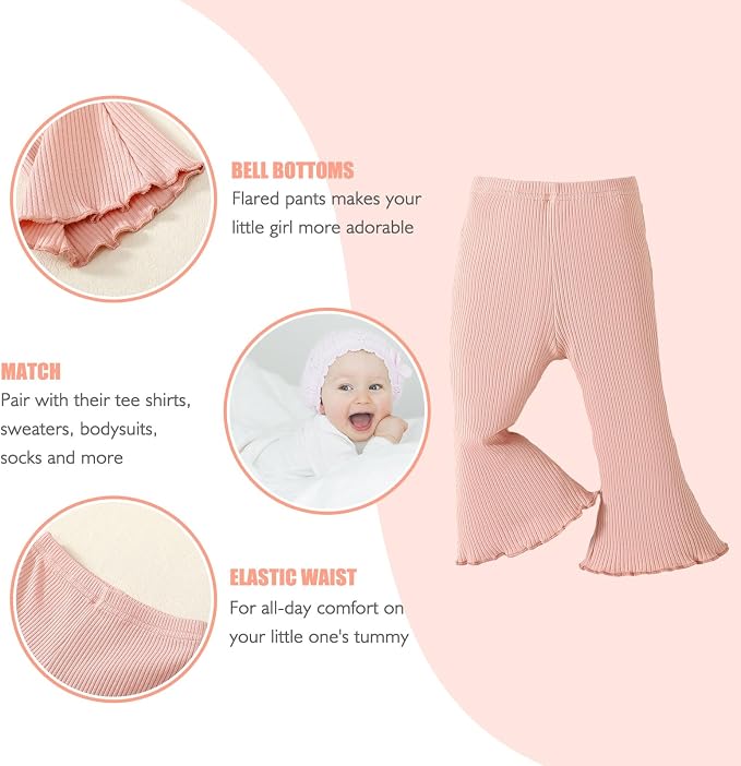 SOBOWO Baby Girl Flare Pants 3 Pack Toddler Solid Ribbed Ruffle Bell Bottoms - Image 3