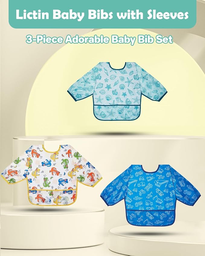 Lictin 3 Packs Baby Bibs for Boy or Girl, Cute Long Sleeve Bib, Waterproof Bibs - Image 2