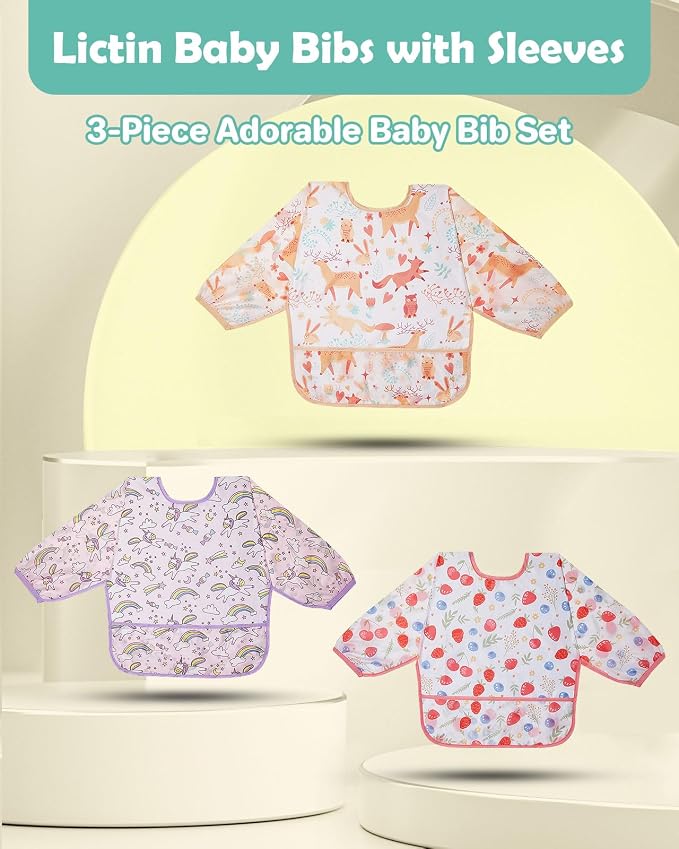 Lictin 3 Pack Baby Bibs for Boy or Girl, Cute Long Sleeve Bib, Waterproof Bibs - Image 2