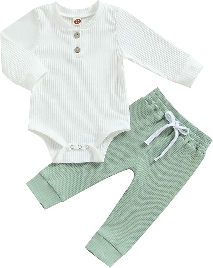 Newborn Baby Boy Girl Clothes Ribbed Knitted Long Sleeve Romper Pants Solid by MABABY