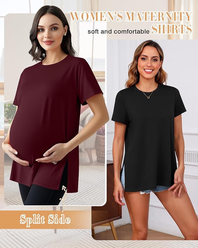 Ficerd 3 Pack Women's Maternity T Shirts, Short Sleeve Side Split Pregnancy - Image 2