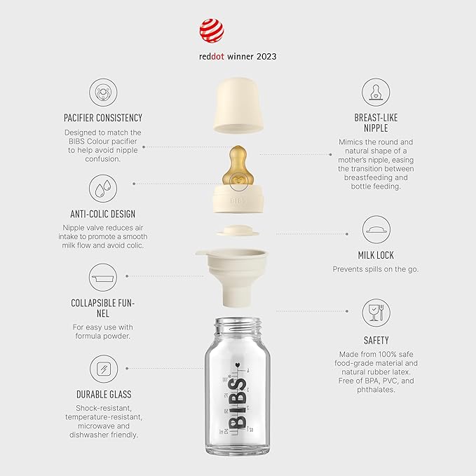 BIBS Baby Glass Bottle Complete Set 110 ml | BPA Free Natural Rubber | Made in - Image 2